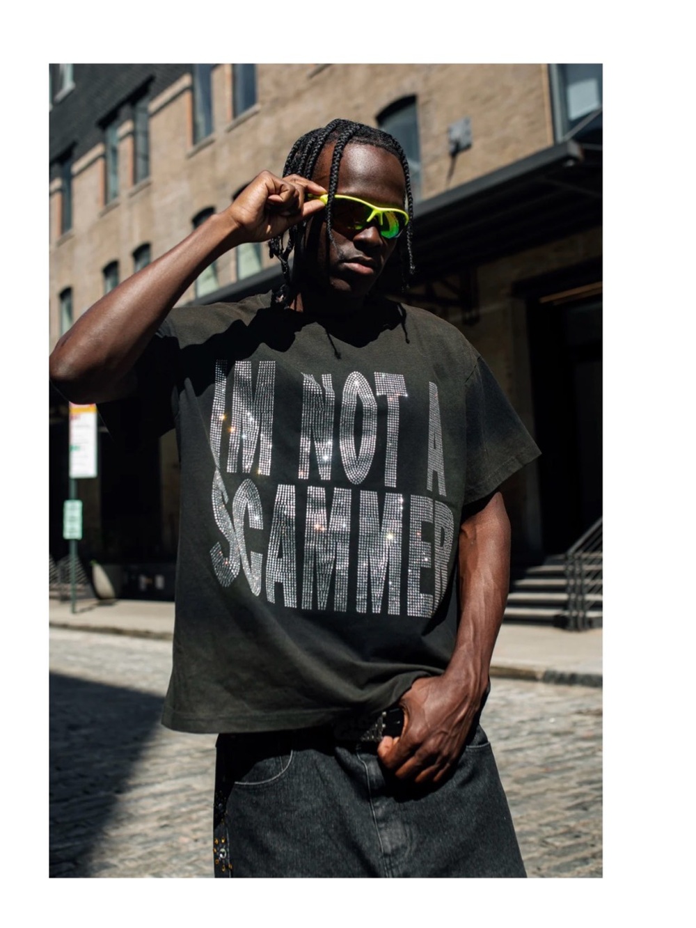 PreciSexCo. I’m Not A Scammer Rhinestone Graphic T-Shirt Men’s XL Black Oversize